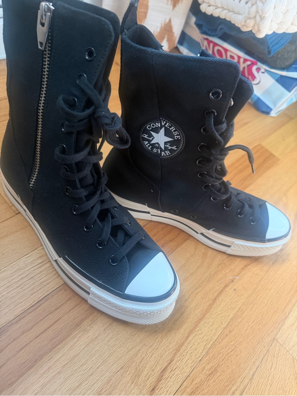 Converse Black Lace-Up High-Top Zipper Boots with White Toe